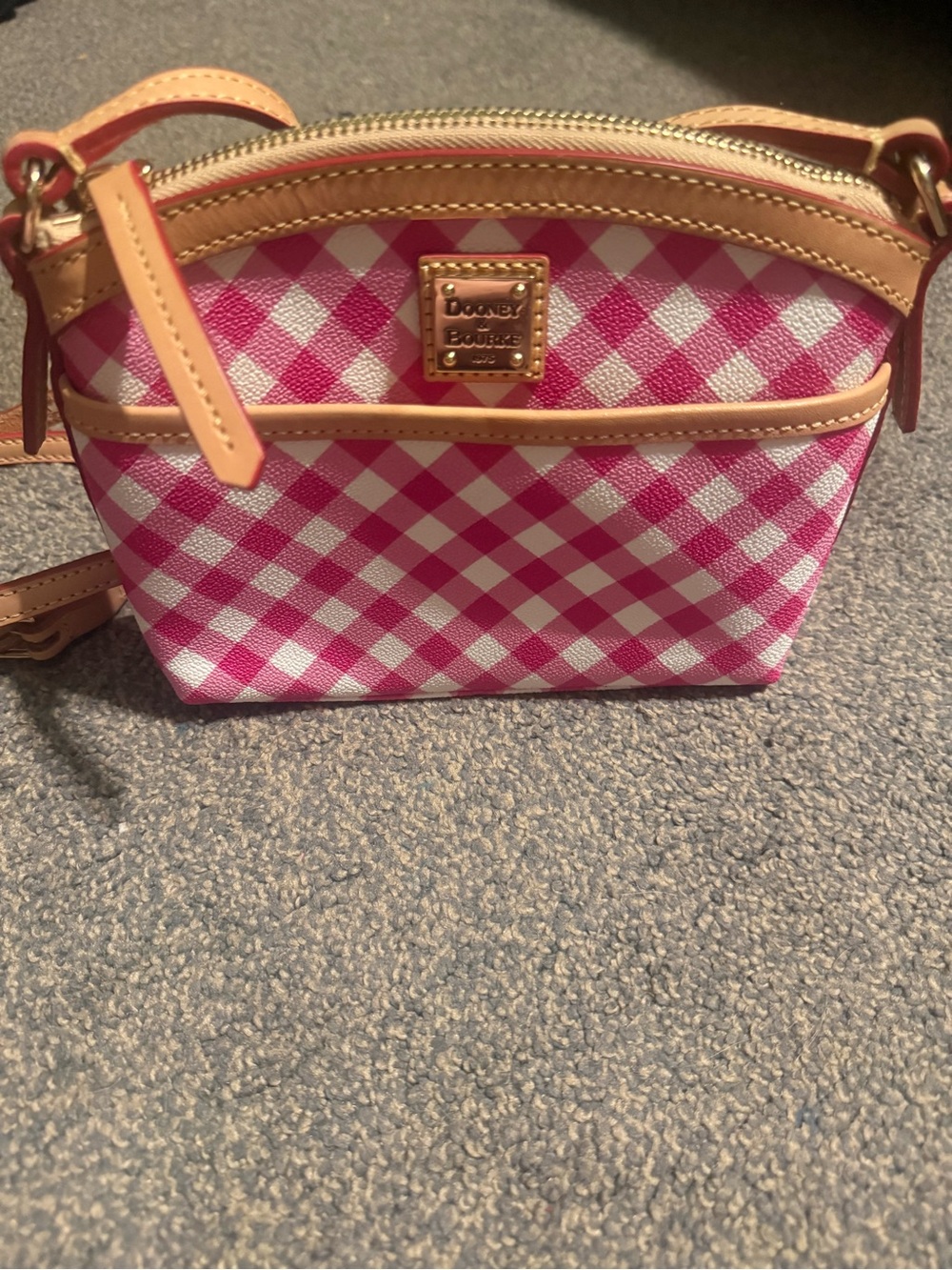 Dooney & Bourke Pink Gingham Crossbody with Tan Leather Trim